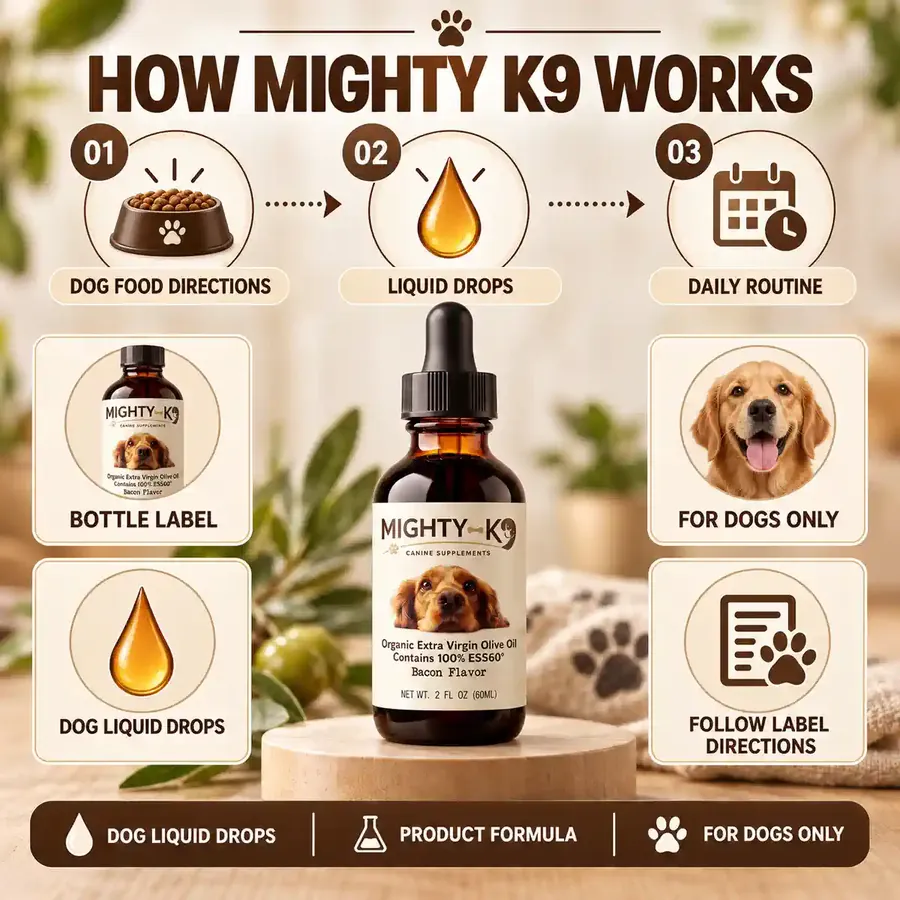 The How Mighty K9 Works brand graphic: 01 dog food directions, 02 liquid drops, 03 daily routine, around an amber bottle