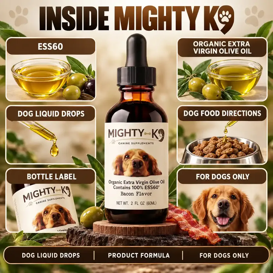 The Inside Mighty K9 brand graphic: an amber dropper bottle with tiles for ESS60, organic extra virgin olive oil, dog liquid drops and dog food directions