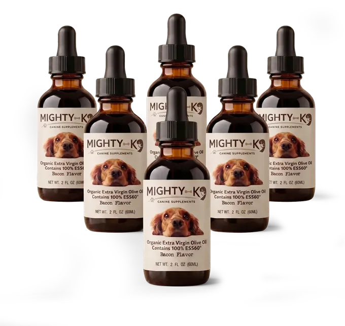 6 amber Mighty K9 dropper bottles, 60 mL each