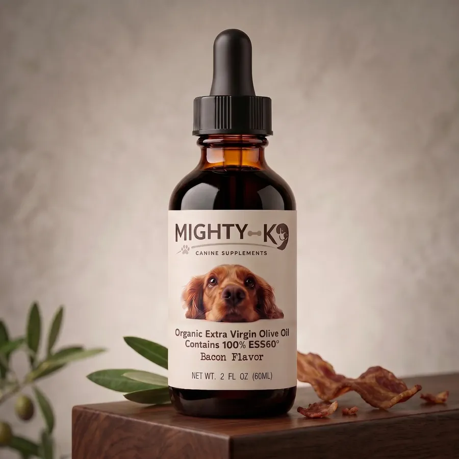 An amber Mighty K9 bottle on a wooden stand beside strips of cooked bacon and olive leaves