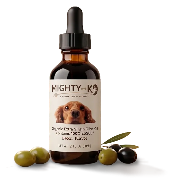 An amber Mighty K9 dropper bottle beside green and black olives and an olive branch