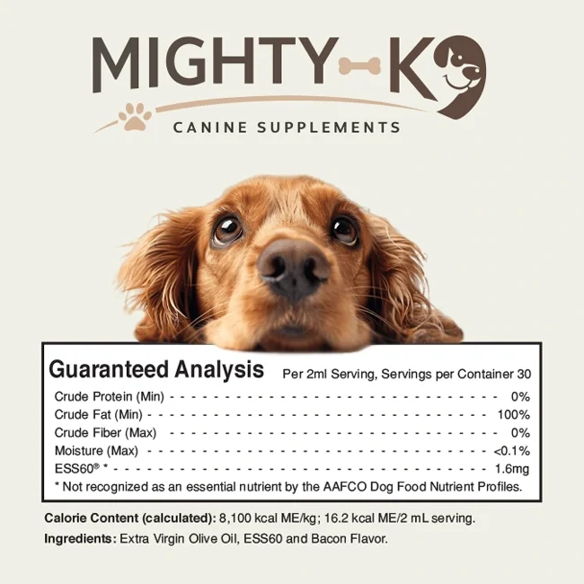 The Mighty K9 label panel: brown wordmark, a spaniel photo, and the Guaranteed Analysis table with calorie content and ingredients
