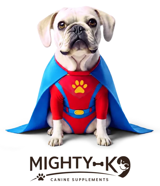The Mighty K9 mascot: a cartoon bulldog in a red suit and blue cape above the wordmark