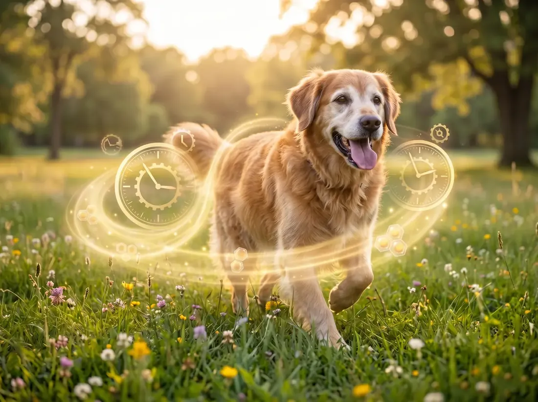 An older golden dog walking through a meadow at sunset with glowing clock icons around it
