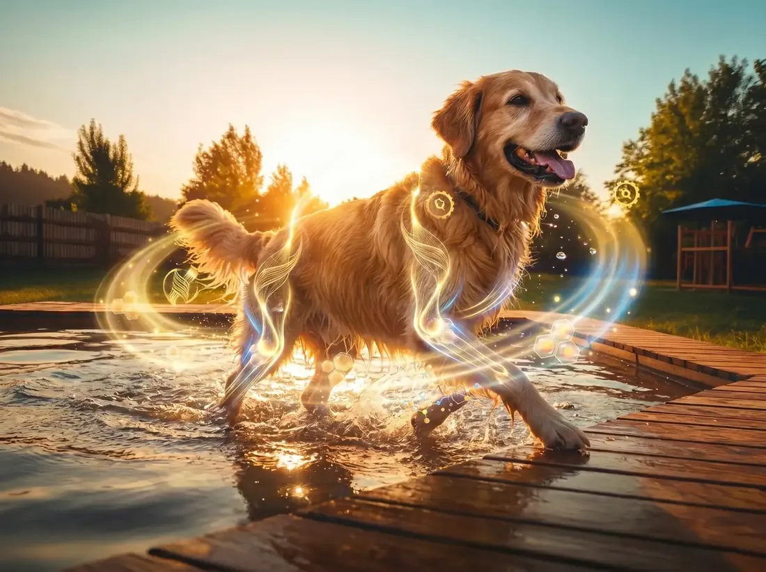A golden retriever splashing across a sunlit dock with glowing rings around its legs