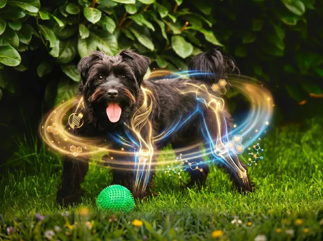 A black terrier on grass with a green ball and glowing light trails