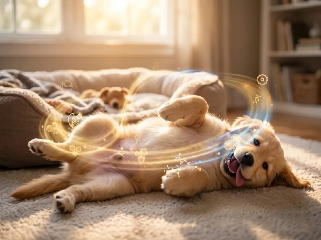 A golden puppy rolling on its back on a rug with glowing rings around it
