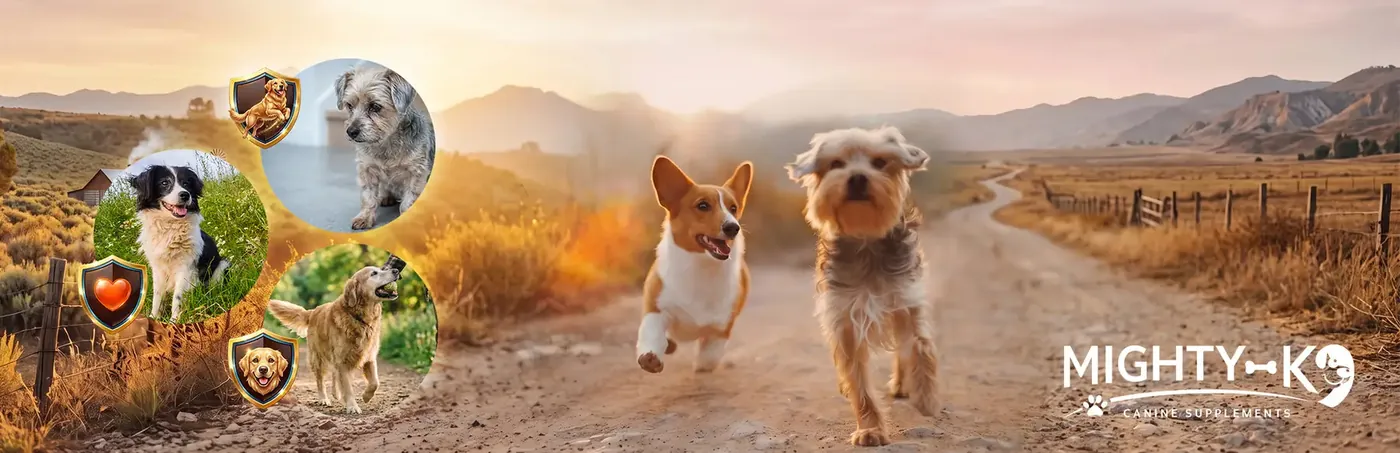 Two small dogs running down a dirt road at sunset, with round photos of other dogs and shield badges on the left and the Mighty K9 wordmark on the right