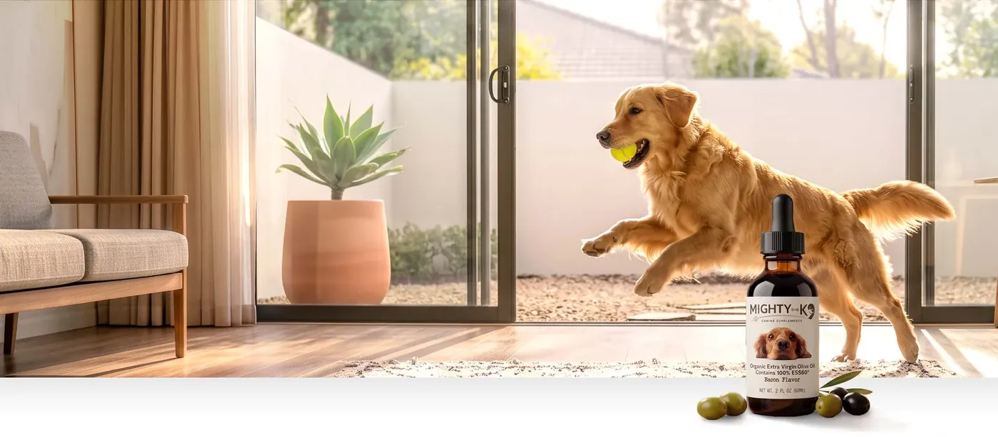A golden retriever leaping across a sunny patio with a tennis ball, an amber Mighty K9 bottle and olives in the corner